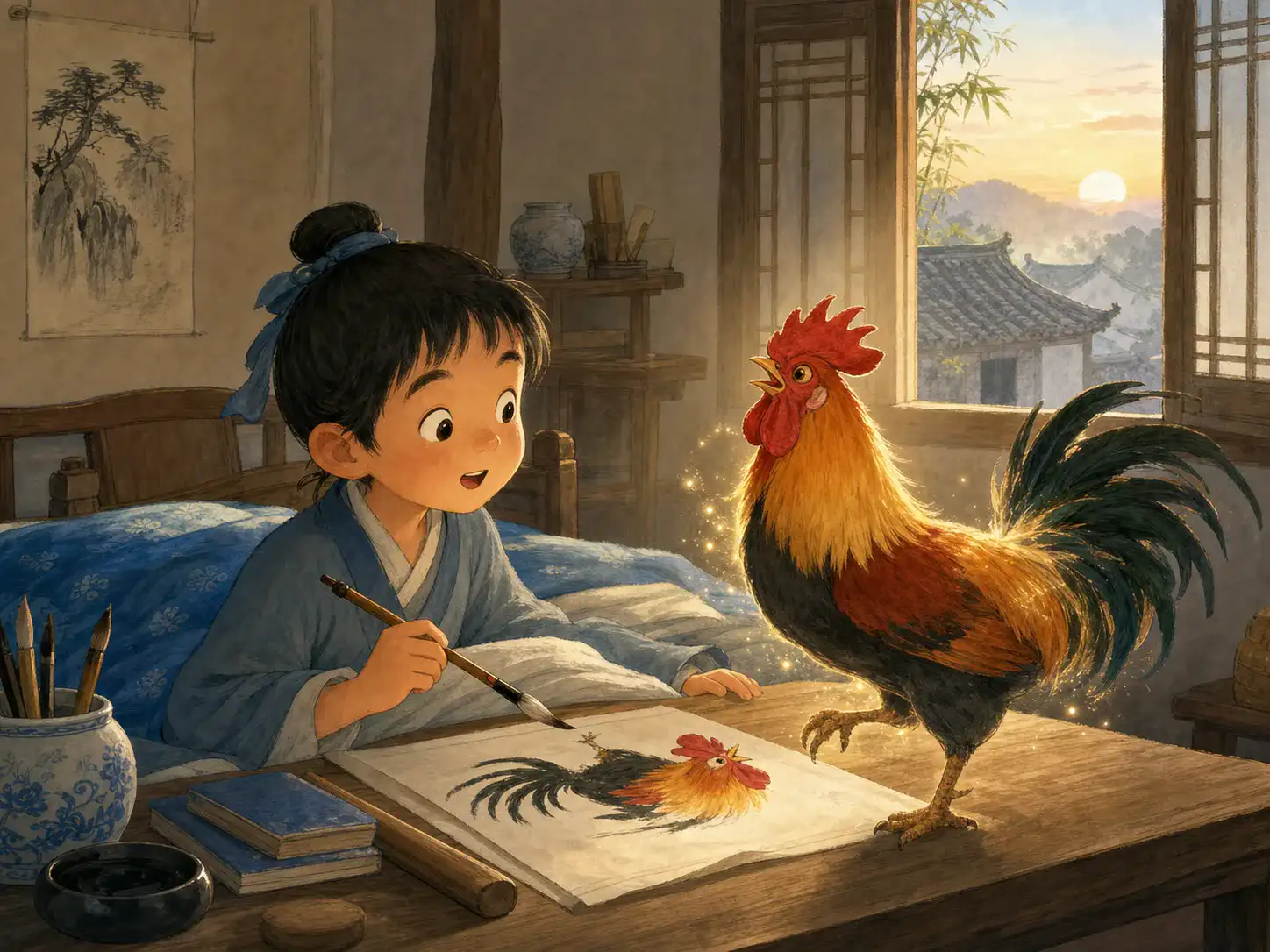 Ma Liang's magic brush brings a rooster to life