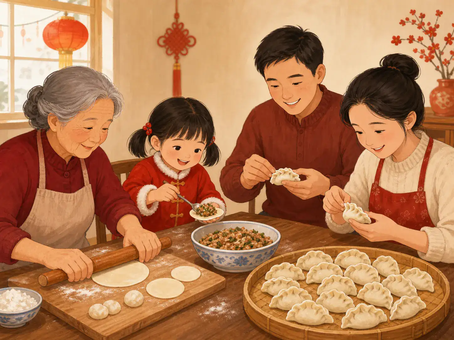 A family making dumplings together