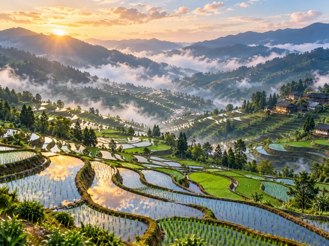 Water-filled rice terraces wrapping around mountains in Yunnan