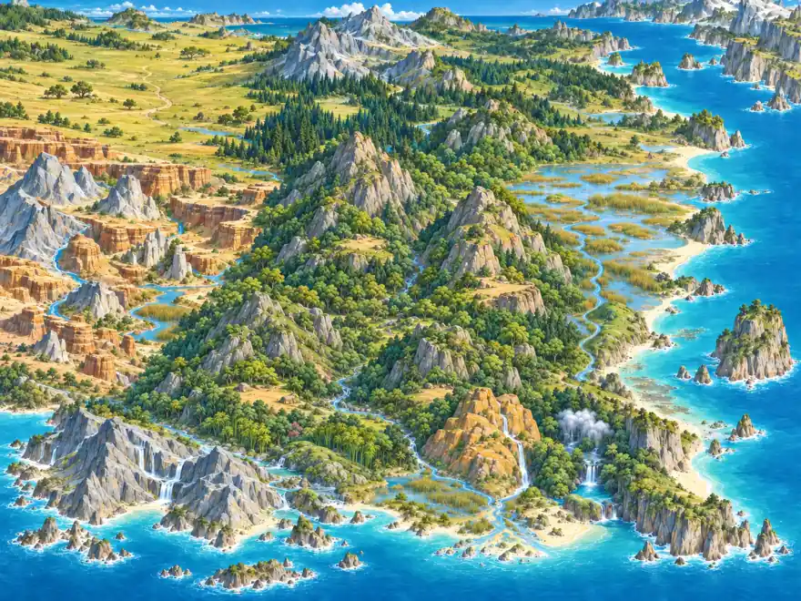 一片连在一起的山海世界，奇兽藏在山谷、树林与水边 / A continuous world of mountains, forests, and seas with mythical creatures to discover