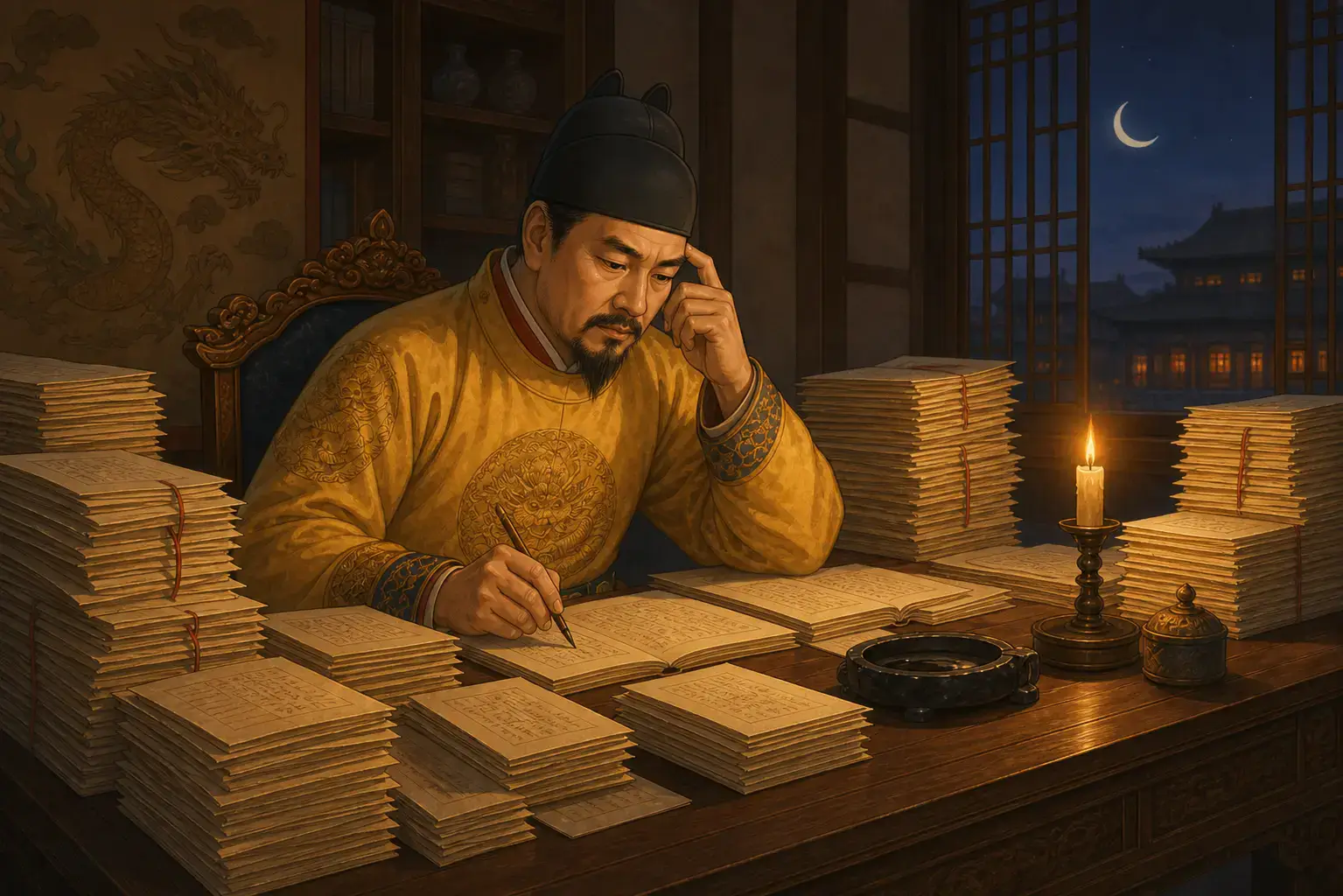 A symbolic illustration of paperwork gathered at Zhu Yuanzhang's desk